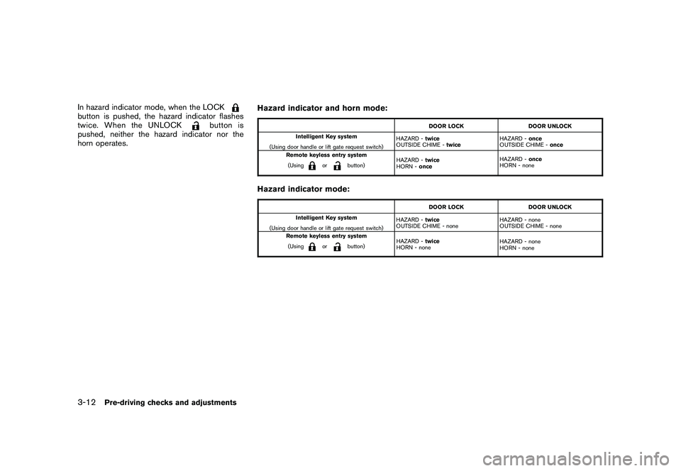 NISSAN MURANO 2011 Owner´s Manual Black plate (146,1)
Model "Z51-D" EDITED: 2010/ 7/ 23
In hazard indicator mode, when the LOCKbutton is pushed, the hazard indicator flashes
twice. When the UNLOCK
button is
pushed, neither the hazard NISSAN MURANO 2011 Owner´s Manual Black plate (146,1)
Model "Z51-D" EDITED: 2010/ 7/ 23
In hazard indicator mode, when the LOCKbutton is pushed, the hazard indicator flashes
twice. When the UNLOCK
button is
pushed, neither the hazard