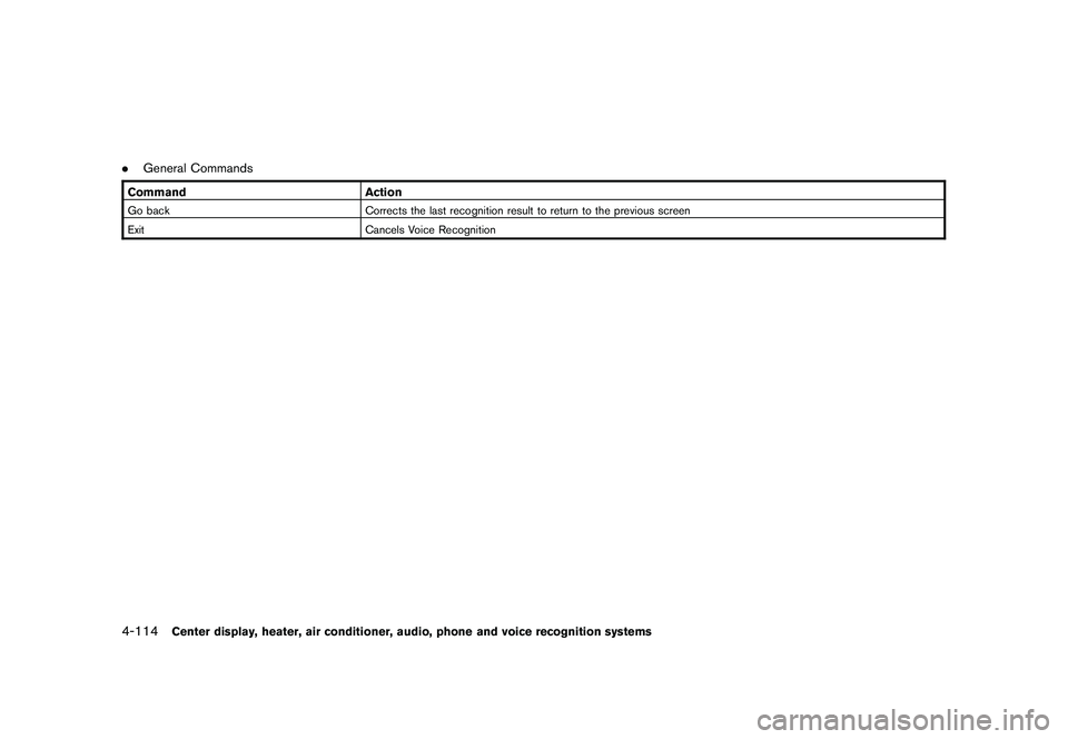 NISSAN MURANO 2011  Owner´s Manual Black plate (282,1)
Model "Z51-D" EDITED: 2010/ 7/ 23
.General CommandsCommand ActionGo back Corrects the last recognition result to return to the previous screen
Exit Cancels Voice Recognition4-114
C