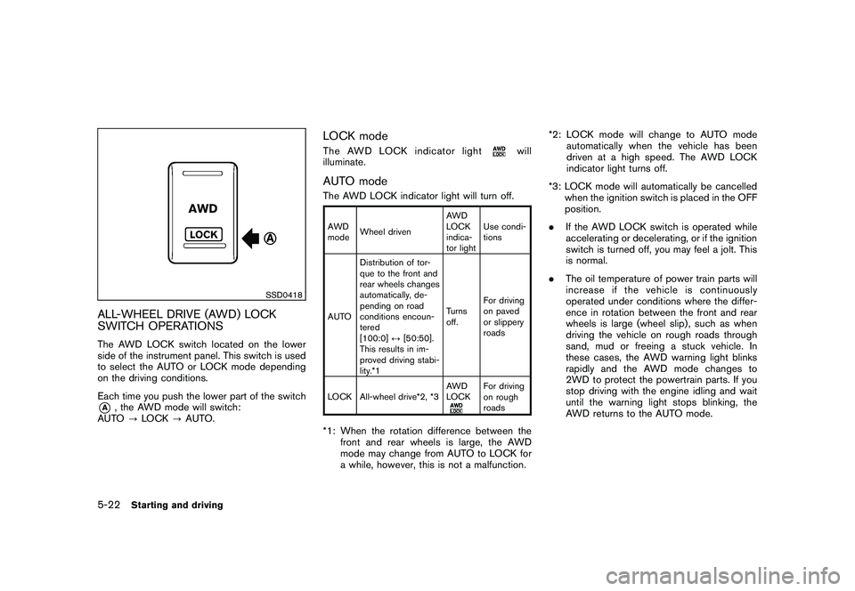 NISSAN MURANO 2011  Owner´s Manual Black plate (322,1)
Model "Z51-D" EDITED: 2010/ 7/ 23
SSD0418
ALL-WHEEL DRIVE (AWD) LOCK
SWITCH OPERATIONSThe AWD LOCK switch located on the lower
side of the instrument panel. This switch is used
to 