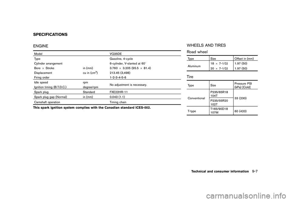 NISSAN MURANO 2011 Owner´s Manual Black plate (405,1)
Model "Z51-D" EDITED: 2010/ 7/ 23
ENGINEModelVQ35DE
Type Gasoline, 4-cycle
Cylinder arrangement 6-cylinder, V-slanted at 608
Bore 6Stroke in (mm)3.76063.205 (95.5 681.4)
Displaceme NISSAN MURANO 2011 Owner´s Manual Black plate (405,1)
Model "Z51-D" EDITED: 2010/ 7/ 23
ENGINEModelVQ35DE
Type Gasoline, 4-cycle
Cylinder arrangement 6-cylinder, V-slanted at 608
Bore 6Stroke in (mm)3.76063.205 (95.5 681.4)
Displaceme