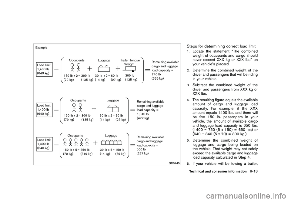 NISSAN MURANO 2011  Owner´s Manual Black plate (411,1)
Model "Z51-D" EDITED: 2010/ 7/ 23
STI0445
Steps for determining correct load limit1.
Locate the statement “The combined
weight of occupants and cargo should
never exceed XXX kg o