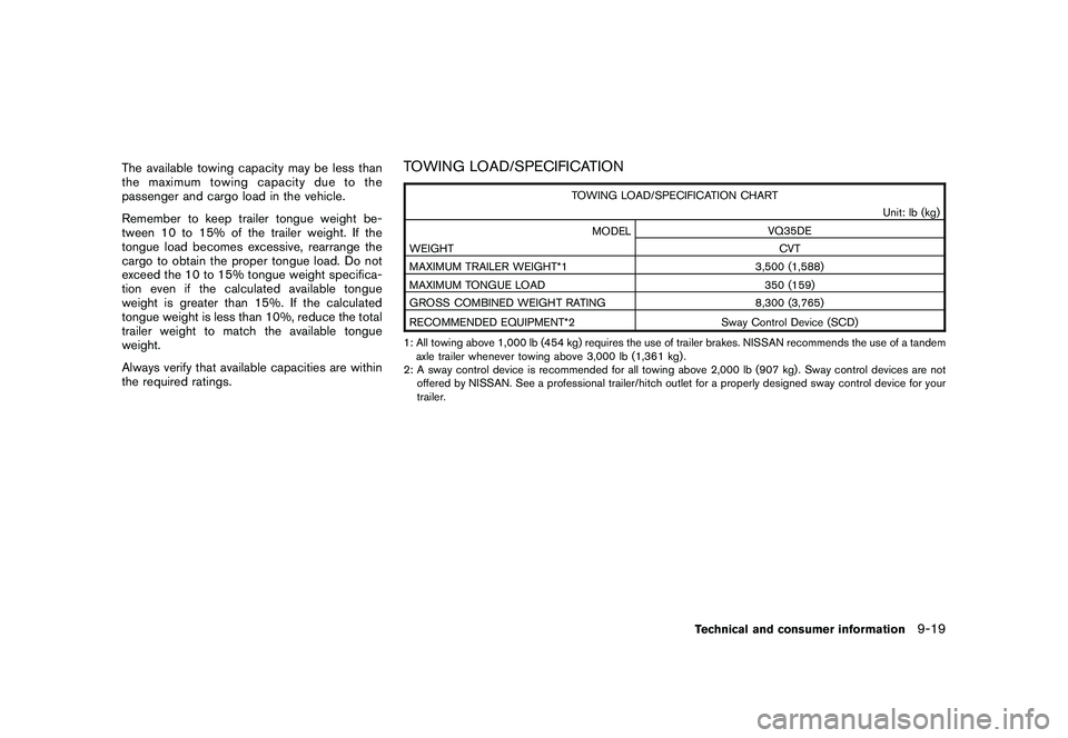 NISSAN MURANO 2011 Owner´s Manual Black plate (417,1)
Model "Z51-D" EDITED: 2010/ 7/ 23
The available towing capacity may be less than
the maximum towing capacity due to the
passenger and cargo load in the vehicle.
Remember to keep tr NISSAN MURANO 2011 Owner´s Manual Black plate (417,1)
Model "Z51-D" EDITED: 2010/ 7/ 23
The available towing capacity may be less than
the maximum towing capacity due to the
passenger and cargo load in the vehicle.
Remember to keep tr
