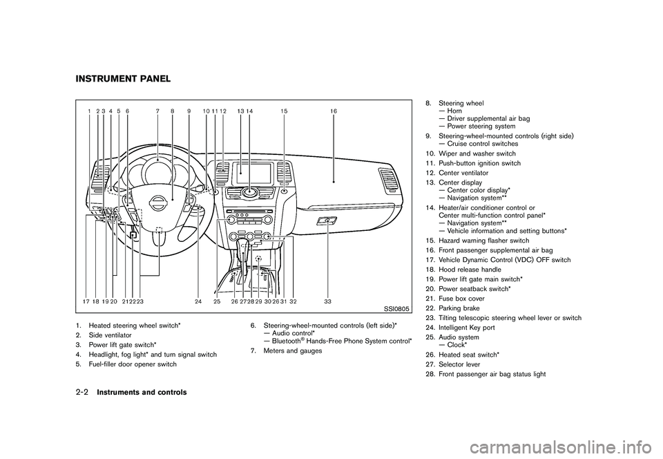 NISSAN MURANO 2011  Owner´s Manual Black plate (74,1)
Model "Z51-D" EDITED: 2010/ 7/ 23
SSI0805
1. Heated steering wheel switch*
2. Side ventilator
3. Power lift gate switch*
4. Headlight, fog light* and turn signal switch
5. Fuel-fill