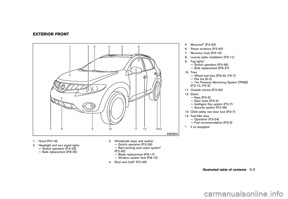 NISSAN MURANO 2011 Owner´s Manual Black plate (5,1)
Model "Z51-D" EDITED: 2010/ 7/ 23
SSI0804
1. Hood (P.3-19)
2. Headlight and turn signal lights— Switch operation (P.2-33)
— Bulb replacement (P.8-25) 3. Windshield wiper and wash NISSAN MURANO 2011 Owner´s Manual Black plate (5,1)
Model "Z51-D" EDITED: 2010/ 7/ 23
SSI0804
1. Hood (P.3-19)
2. Headlight and turn signal lights— Switch operation (P.2-33)
— Bulb replacement (P.8-25) 3. Windshield wiper and wash