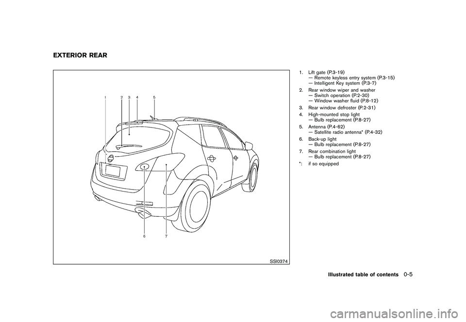 NISSAN MURANO 2010  Owner´s Manual Black plate (7,1)
Model "Z51-D" EDITED: 2009/ 8/ 3
SSI0374
1. Lift gate (P.3-19)— Remote keyless entry system (P.3-15)
— Intelligent Key system (P.3-7)
2. Rear window wiper and washer — Switch o