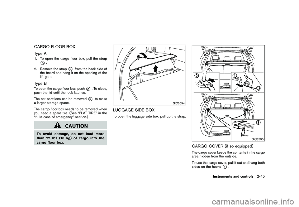 NISSAN MURANO 2010  Owner´s Manual Black plate (119,1)
Model "Z51-D" EDITED: 2009/ 8/ 3
CARGO FLOOR BOX
Type A1. To open the cargo floor box, pull the strap
*A
.
2. Remove the strap
*B
from the back side of
the board and hang it on the