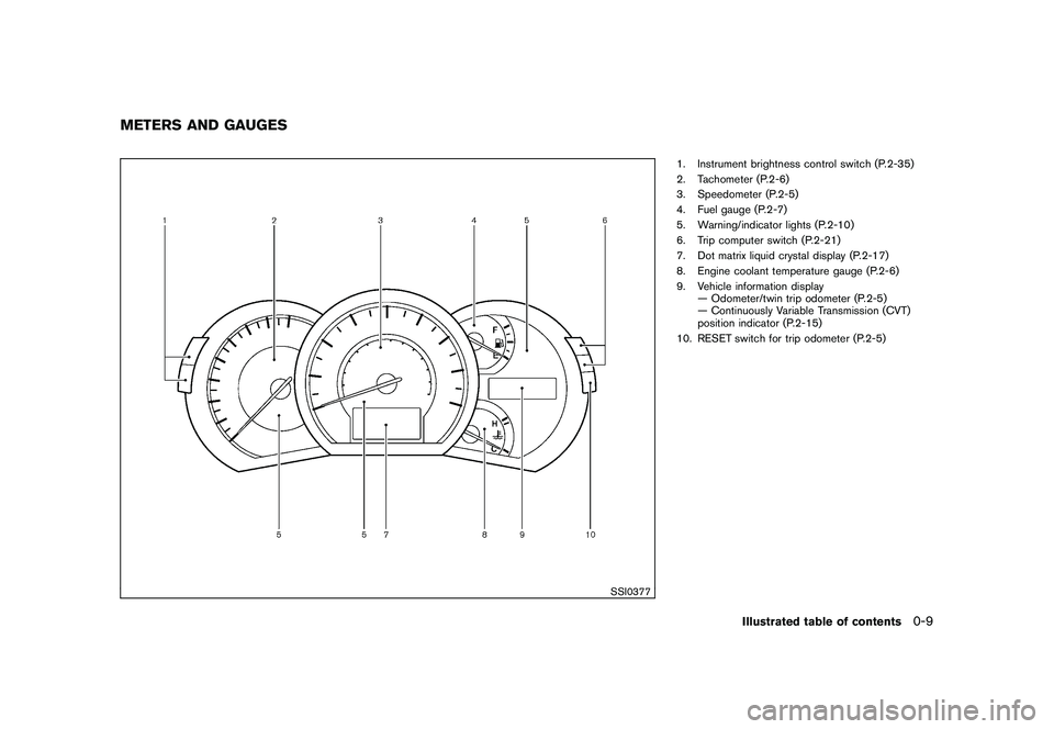 NISSAN MURANO 2010 Owner´s Manual Black plate (11,1)
Model "Z51-D" EDITED: 2009/ 8/ 3
SSI0377
1. Instrument brightness control switch (P.2-35)
2. Tachometer (P.2-6)
3. Speedometer (P.2-5)
4. Fuel gauge (P.2-7)
5. Warning/indicator lig NISSAN MURANO 2010 Owner´s Manual Black plate (11,1)
Model "Z51-D" EDITED: 2009/ 8/ 3
SSI0377
1. Instrument brightness control switch (P.2-35)
2. Tachometer (P.2-6)
3. Speedometer (P.2-5)
4. Fuel gauge (P.2-7)
5. Warning/indicator lig