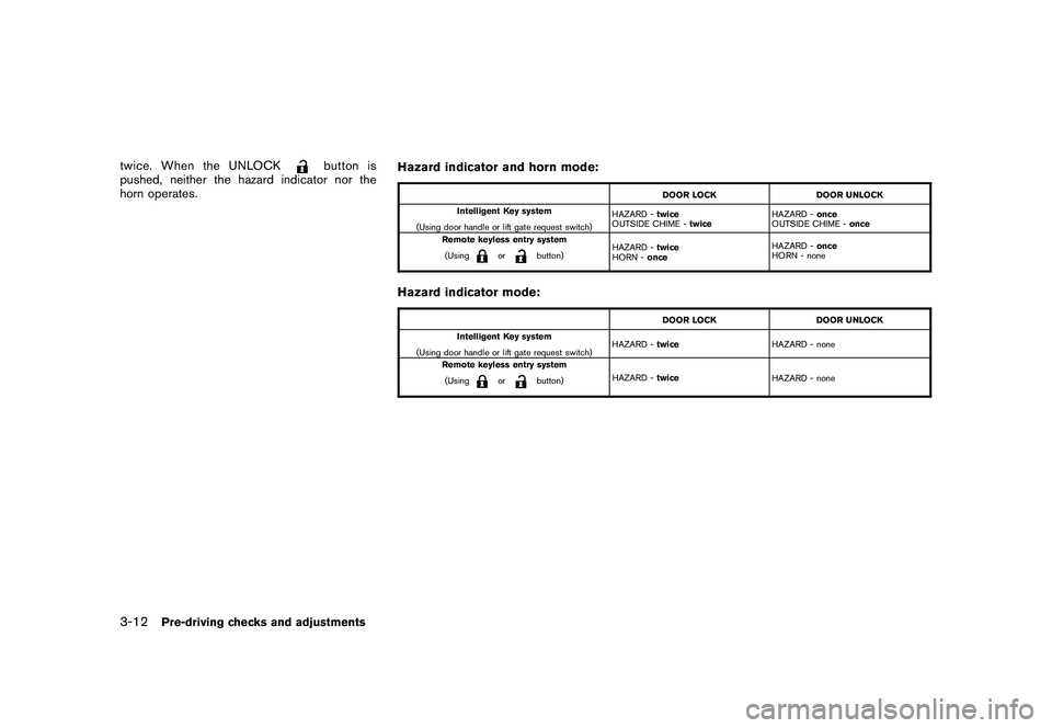 NISSAN MURANO 2010 Owner´s Manual Black plate (146,1)
Model "Z51-D" EDITED: 2009/ 8/ 3
twice. When the UNLOCK
button is
pushed, neither the hazard indicator nor the
horn operates. Hazard indicator and horn mode:
DOOR LOCK
DOOR UNLOCK
NISSAN MURANO 2010 Owner´s Manual Black plate (146,1)
Model "Z51-D" EDITED: 2009/ 8/ 3
twice. When the UNLOCK
button is
pushed, neither the hazard indicator nor the
horn operates. Hazard indicator and horn mode:
DOOR LOCK
DOOR UNLOCK