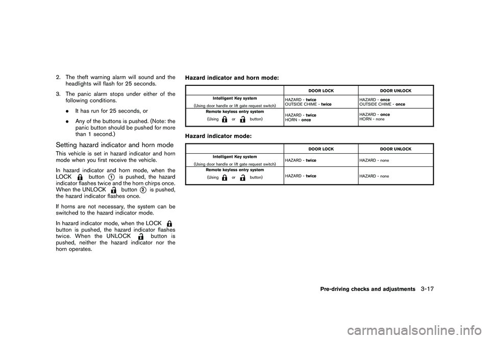 NISSAN MURANO 2010 Owner´s Manual Black plate (151,1)
Model "Z51-D" EDITED: 2009/ 8/ 3
2. The theft warning alarm will sound and theheadlights will flash for 25 seconds.
3. The panic alarm stops under either of the following condition NISSAN MURANO 2010 Owner´s Manual Black plate (151,1)
Model "Z51-D" EDITED: 2009/ 8/ 3
2. The theft warning alarm will sound and theheadlights will flash for 25 seconds.
3. The panic alarm stops under either of the following condition