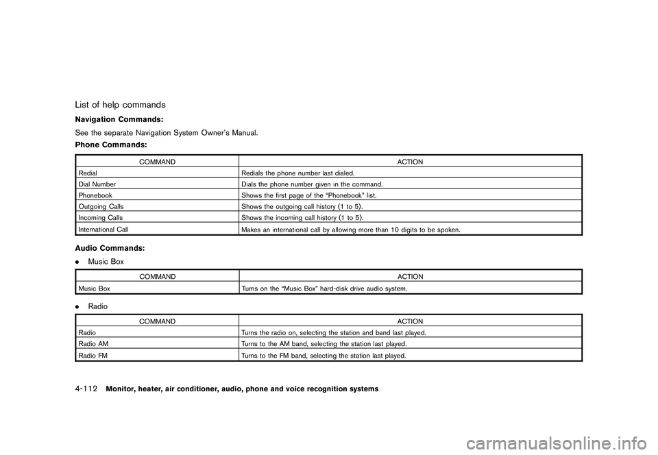 NISSAN MURANO 2010 Owner´s Manual Black plate (280,1)
Model "Z51-D" EDITED: 2009/ 8/ 3
List of help commandsNavigation Commands:
See the separate Navigation System Owner’s Manual.
Phone Commands:
COMMANDACTION
Redial Redials the pho NISSAN MURANO 2010 Owner´s Manual Black plate (280,1)
Model "Z51-D" EDITED: 2009/ 8/ 3
List of help commandsNavigation Commands:
See the separate Navigation System Owner’s Manual.
Phone Commands:
COMMANDACTION
Redial Redials the pho