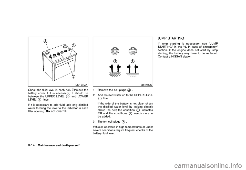 NISSAN MURANO 2010  Owner´s Manual Black plate (362,1)
Model "Z51-D" EDITED: 2009/ 8/ 3
DI0137MA
Check the fluid level in each cell. (Remove the
battery cover if it is necessary.) It should be
between the UPPER LEVEL
*1
and LOWER
LEVEL