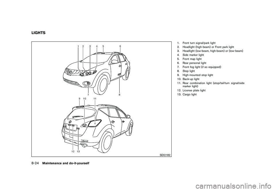NISSAN MURANO 2010  Owner´s Manual Black plate (372,1)
Model "Z51-D" EDITED: 2009/ 8/ 3
SDI2182
1. Front turn signal/park light
2. Headlight (high-beam) or Front park light
3. Headlight (low-beam, high-beam) or (low-beam)
4. Side marke