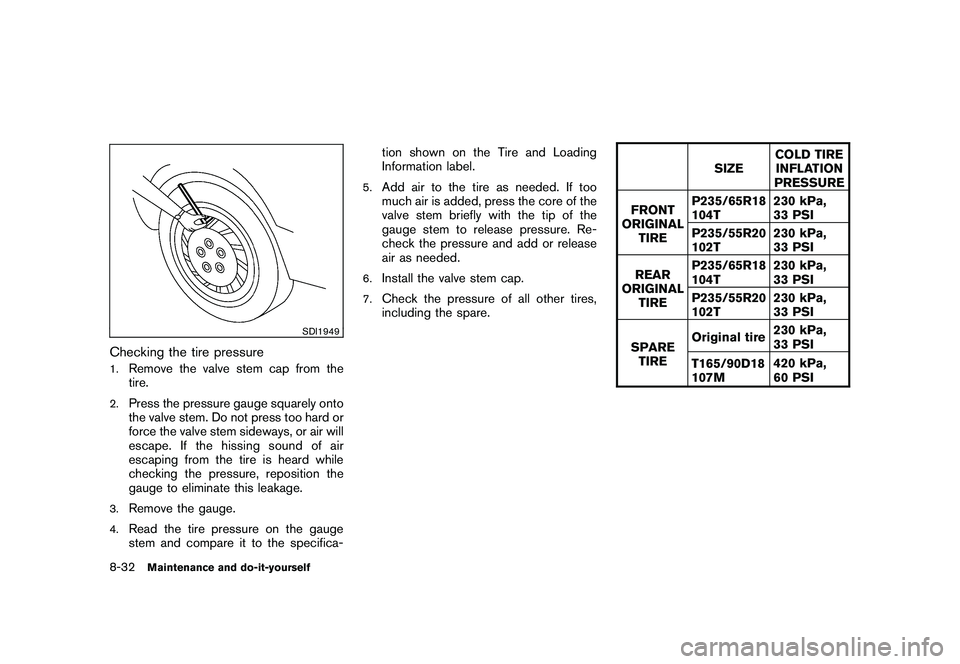 NISSAN MURANO 2010  Owner´s Manual Black plate (380,1)
Model "Z51-D" EDITED: 2009/ 8/ 3
SDI1949
Checking the tire pressure1.
Remove the valve stem cap from the
tire.
2.
Press the pressure gauge squarely onto
the valve stem. Do not pres