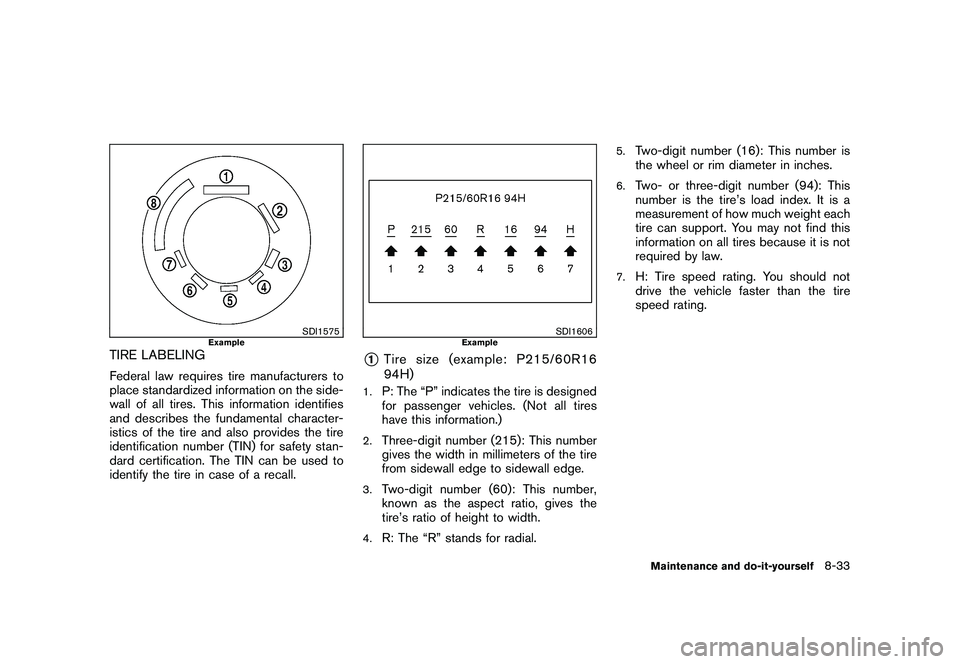 NISSAN MURANO 2010 Owner´s Manual Black plate (381,1)
Model "Z51-D" EDITED: 2009/ 8/ 3
SDI1575
Example
TIRE LABELINGFederal law requires tire manufacturers to
place standardized information on the side-
wall of all tires. This informa NISSAN MURANO 2010 Owner´s Manual Black plate (381,1)
Model "Z51-D" EDITED: 2009/ 8/ 3
SDI1575
Example
TIRE LABELINGFederal law requires tire manufacturers to
place standardized information on the side-
wall of all tires. This informa