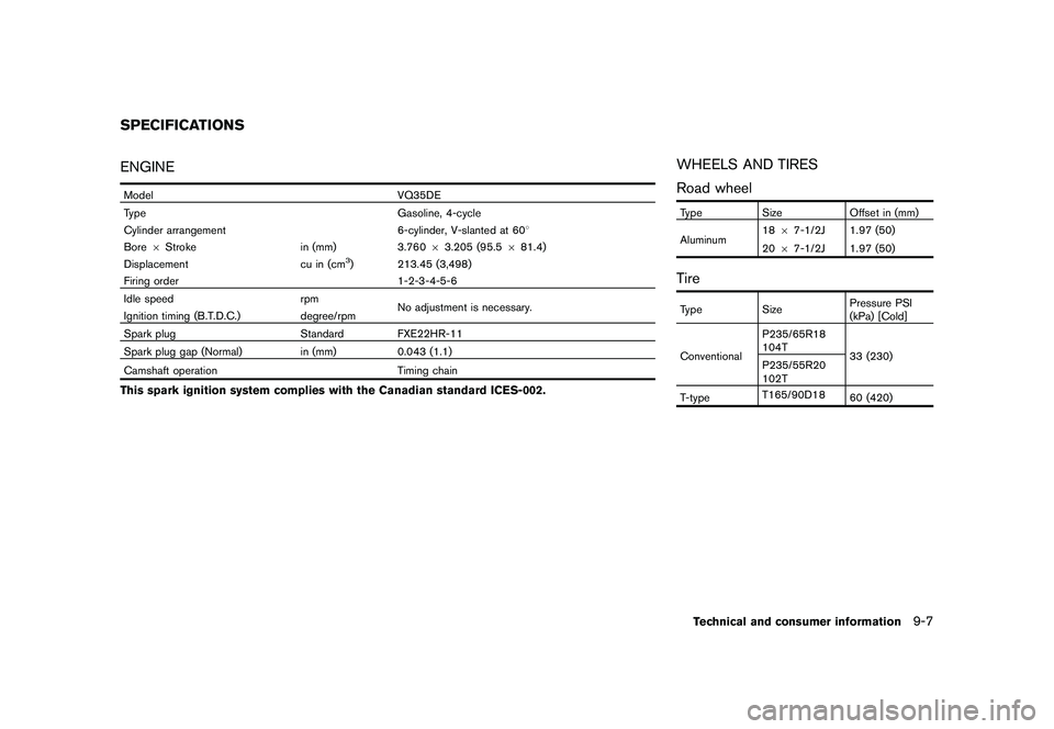 NISSAN MURANO 2010 Owner´s Manual Black plate (395,1)
Model "Z51-D" EDITED: 2009/ 8/ 3
ENGINEModelVQ35DE
Type Gasoline, 4-cycle
Cylinder arrangement 6-cylinder, V-slanted at 608
Bore 6Stroke in (mm)3.76063.205 (95.5 681.4)
Displacemen NISSAN MURANO 2010 Owner´s Manual Black plate (395,1)
Model "Z51-D" EDITED: 2009/ 8/ 3
ENGINEModelVQ35DE
Type Gasoline, 4-cycle
Cylinder arrangement 6-cylinder, V-slanted at 608
Bore 6Stroke in (mm)3.76063.205 (95.5 681.4)
Displacemen
