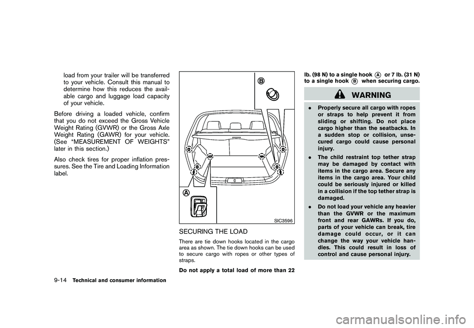 NISSAN MURANO 2010 Owner´s Manual Black plate (402,1)
Model "Z51-D" EDITED: 2009/ 8/ 3
load from your trailer will be transferred
to your vehicle. Consult this manual to
determine how this reduces the avail-
able cargo and luggage loa NISSAN MURANO 2010 Owner´s Manual Black plate (402,1)
Model "Z51-D" EDITED: 2009/ 8/ 3
load from your trailer will be transferred
to your vehicle. Consult this manual to
determine how this reduces the avail-
able cargo and luggage loa