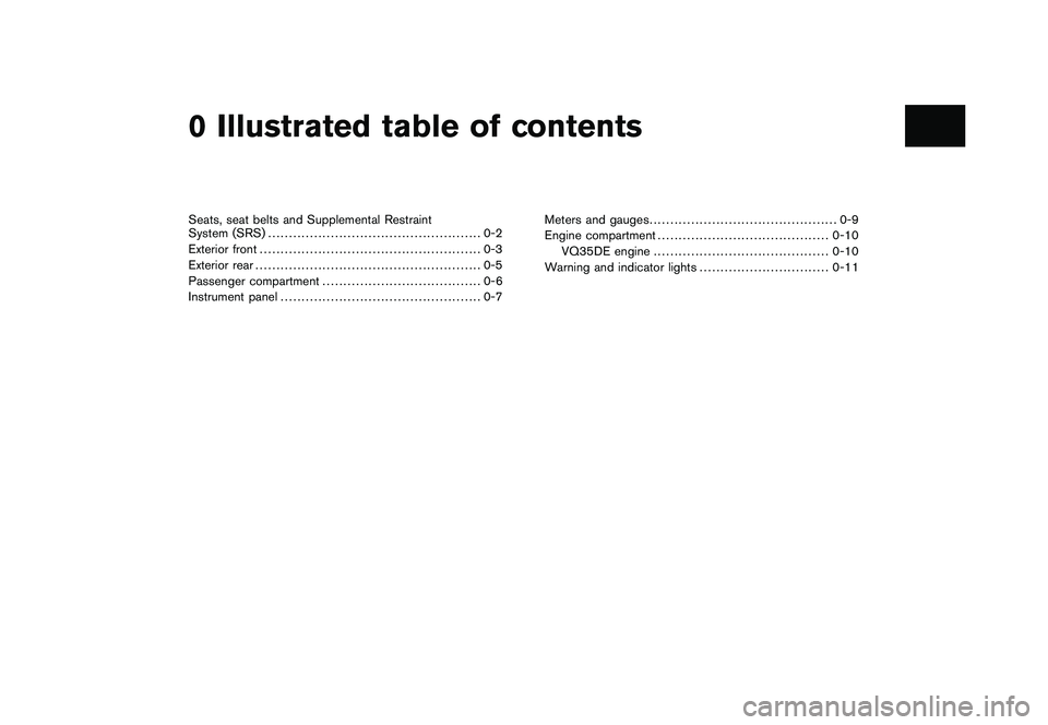 NISSAN MURANO 2010  Owner´s Manual Black plate (1,1)
Seats, seat belts and Supplemental Restraint
System (SRS)................................................... 0-2
Exterior front ..................................................... 