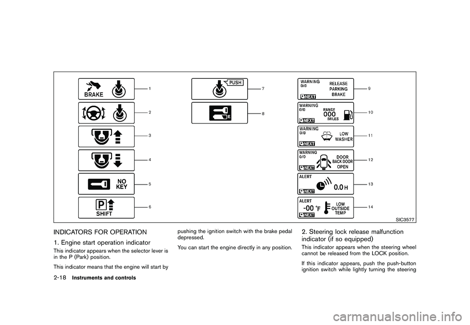 NISSAN MURANO 2010  Owner´s Manual Black plate (92,1)
Model "Z51-D" EDITED: 2009/ 8/ 3
SIC3577
INDICATORS FOR OPERATION
1. Engine start operation indicatorThis indicator appears when the selector lever is
in the P (Park) position.
This