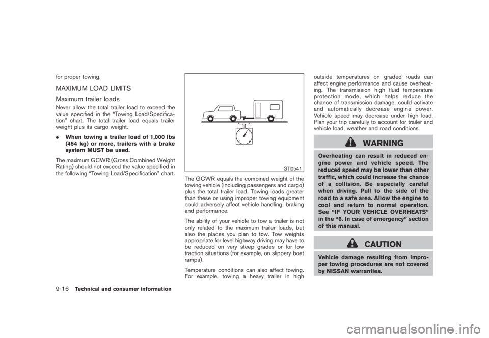 NISSAN MURANO 2009 Owner´s Manual Black plate (422,1)
Model "Z51-D" EDITED: 2007/ 10/ 2
for proper towing.
MAXIMUM LOAD LIMITS
Maximum trailer loads
Never allow the total trailer load to exceed the
value specified in the “To NISSAN MURANO 2009 Owner´s Manual Black plate (422,1)
Model "Z51-D" EDITED: 2007/ 10/ 2
for proper towing.
MAXIMUM LOAD LIMITS
Maximum trailer loads
Never allow the total trailer load to exceed the
value specified in the “To