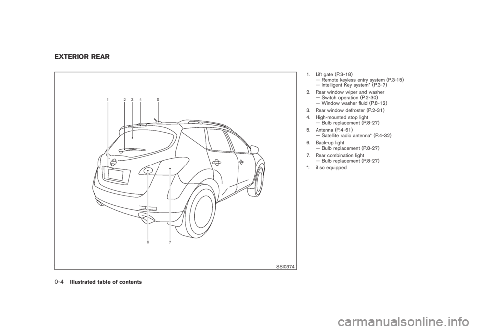 NISSAN MURANO 2009 Owner´s Manual Black plate (6,1)
Model "Z51-D" EDITED: 2007/ 10/ 2
SSI0374
1. Lift gate (P.3-18)
— Remote keyless entry system (P.3-15)
— Intelligent Key system* (P.3-7)
2. Rear window wiper and washer
NISSAN MURANO 2009 Owner´s Manual Black plate (6,1)
Model "Z51-D" EDITED: 2007/ 10/ 2
SSI0374
1. Lift gate (P.3-18)
— Remote keyless entry system (P.3-15)
— Intelligent Key system* (P.3-7)
2. Rear window wiper and washer