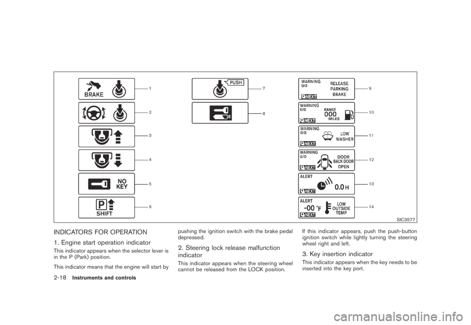 NISSAN MURANO 2009  Owner´s Manual Black plate (86,1)
Model "Z51-D" EDITED: 2007/ 10/ 2
SIC3577
INDICATORS FOR OPERATION
1. Engine start operation indicator
This indicator appears when the selector lever is
in the P (Park) posi