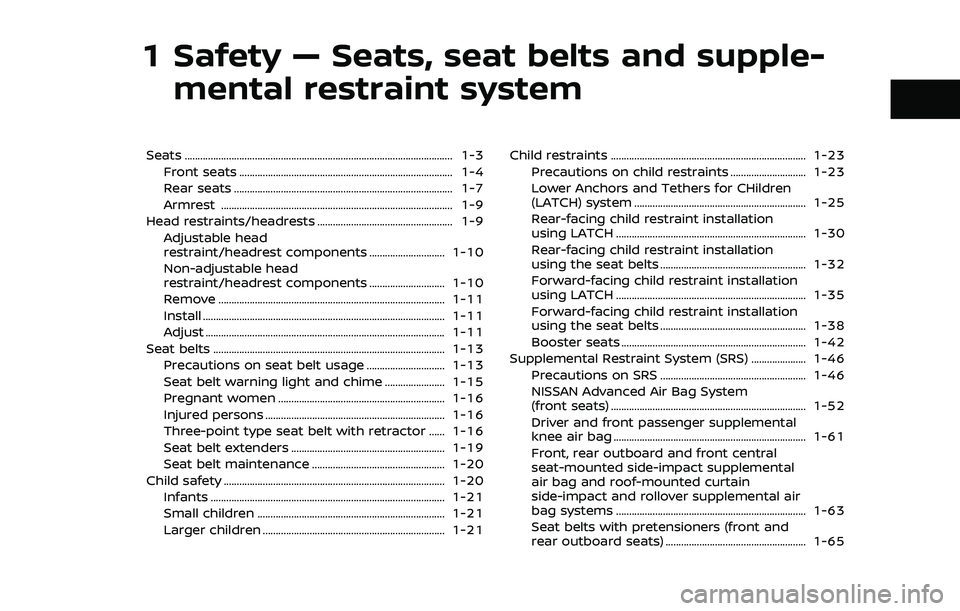 NISSAN ROGUE 2021  Owner´s Manual 1 Safety — Seats, seat belts and supple-mental restraint system
Seats ........................................................................\
............................... 1-3
Front seats ......