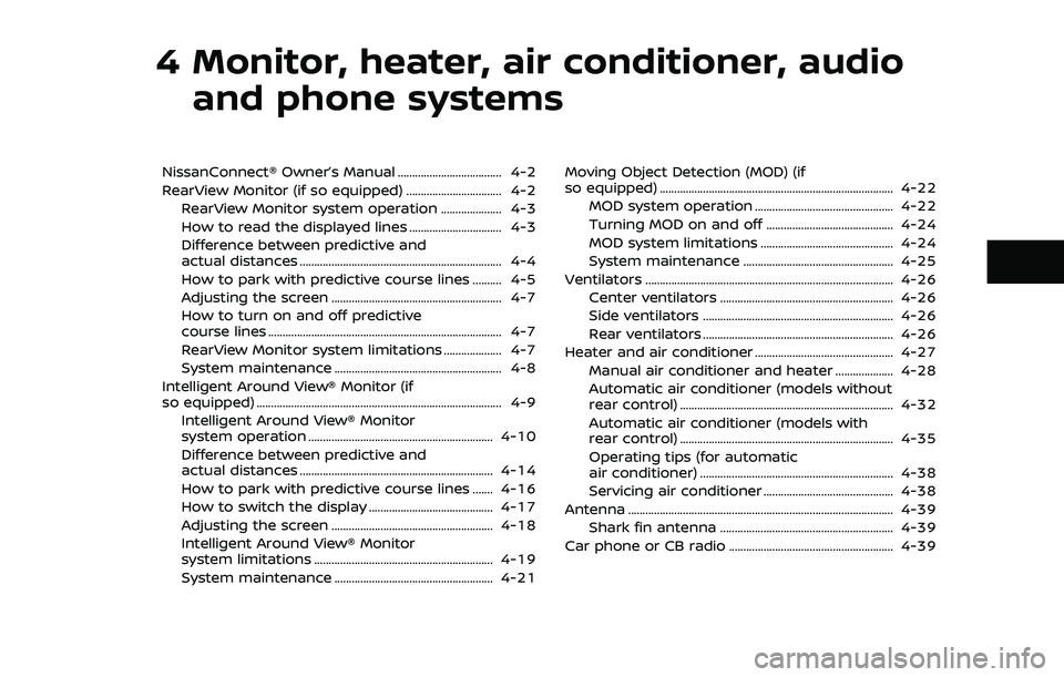 NISSAN ROGUE 2021  Owner´s Manual 4 Monitor, heater, air conditioner, audioand phone systems
NissanConnect® Owner’s Manual .................................... 4-2
RearView Monitor (if so equipped) .................................