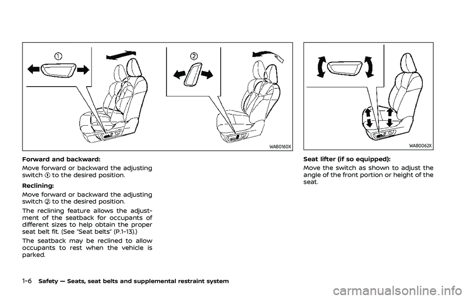 NISSAN ROGUE 2021  Owner´s Manual 1-6Safety — Seats, seat belts and supplemental restraint system
WAB0160X
Forward and backward:
Move forward or backward the adjusting
switch
to the desired position.
Reclining:
Move forward or backw