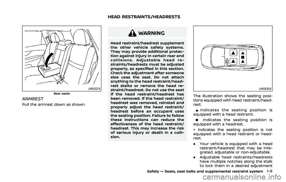 NISSAN ROGUE 2021 Owner´s Manual JVR0327XRear seats
ARMREST
Pull the armrest down as shown.
WARNING
Head restraint/headrest supplement
the other vehicle safety systems.
They may provide additional protec-
tion against injury in certa NISSAN ROGUE 2021 Owner´s Manual JVR0327XRear seats
ARMREST
Pull the armrest down as shown.
WARNING
Head restraint/headrest supplement
the other vehicle safety systems.
They may provide additional protec-
tion against injury in certa
