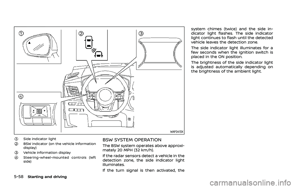 NISSAN ROGUE 2021 Owner´s Manual 5-58Starting and driving
WAF0413X
Side indicator lightBSW indicator (on the vehicle information
display)
Vehicle information displaySteering-wheel-mounted controls (left
side)
BSW SYSTEM OPERATION
The NISSAN ROGUE 2021 Owner´s Manual 5-58Starting and driving
WAF0413X
Side indicator lightBSW indicator (on the vehicle information
display)
Vehicle information displaySteering-wheel-mounted controls (left
side)
BSW SYSTEM OPERATION
The