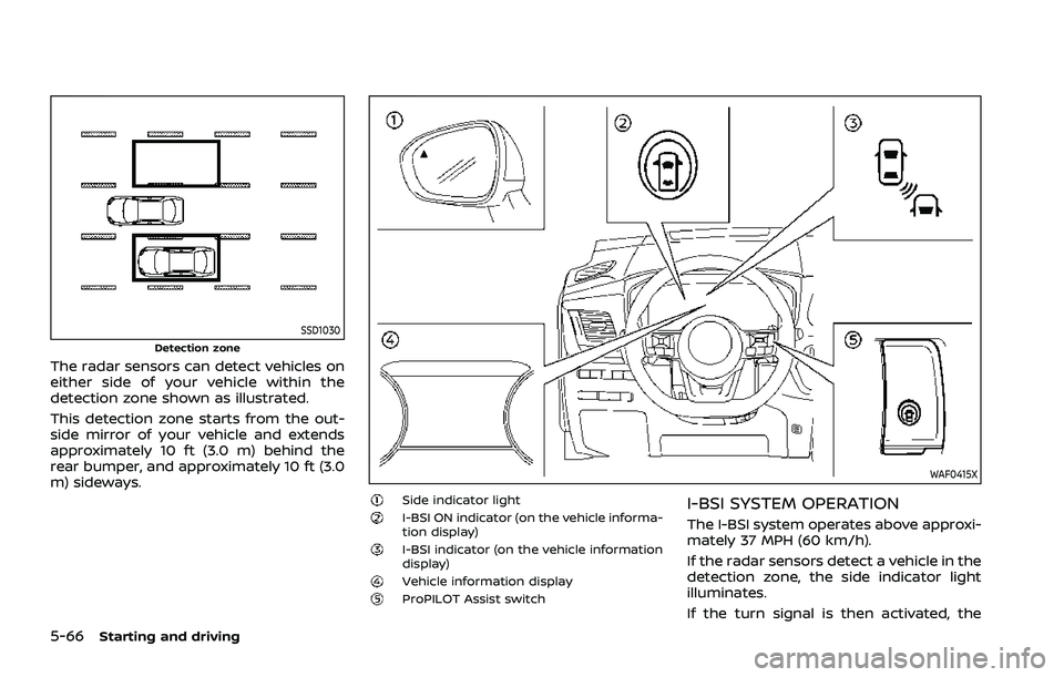 NISSAN ROGUE 2021 Owner´s Manual 5-66Starting and driving
SSD1030Detection zone
The radar sensors can detect vehicles on
either side of your vehicle within the
detection zone shown as illustrated.
This detection zone starts from the NISSAN ROGUE 2021 Owner´s Manual 5-66Starting and driving
SSD1030Detection zone
The radar sensors can detect vehicles on
either side of your vehicle within the
detection zone shown as illustrated.
This detection zone starts from the