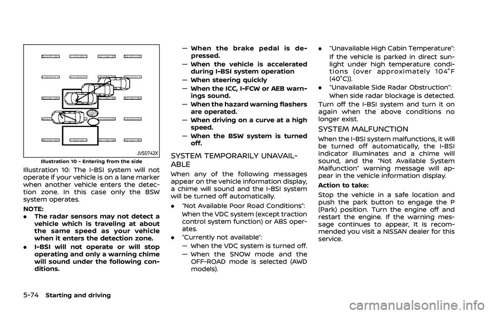 NISSAN ROGUE 2021 Owner´s Manual 5-74Starting and driving
JVS0742XIllustration 10 - Entering from the side
Illustration 10: The I-BSI system will not
operate if your vehicle is on a lane marker
when another vehicle enters the detec-
NISSAN ROGUE 2021 Owner´s Manual 5-74Starting and driving
JVS0742XIllustration 10 - Entering from the side
Illustration 10: The I-BSI system will not
operate if your vehicle is on a lane marker
when another vehicle enters the detec-