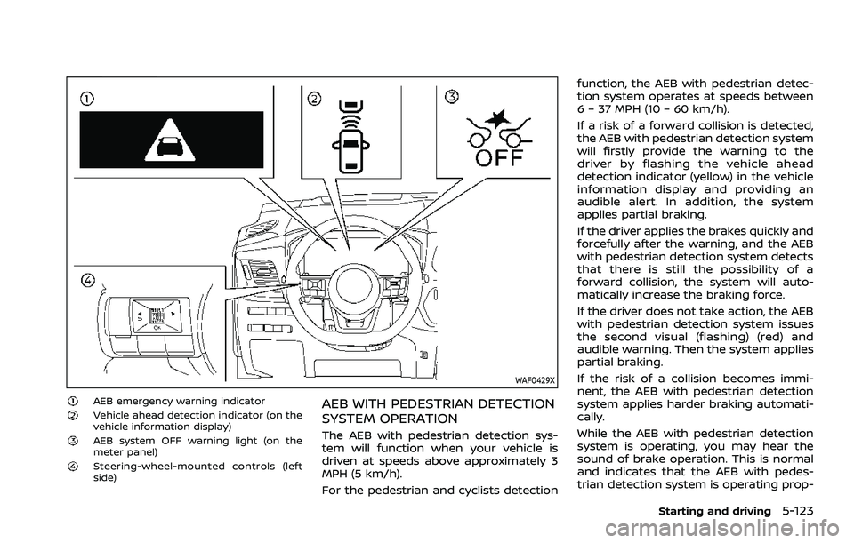 NISSAN ROGUE 2021  Owner´s Manual WAF0429X
AEB emergency warning indicatorVehicle ahead detection indicator (on the
vehicle information display)
AEB system OFF warning light (on the
meter panel)
Steering-wheel-mounted controls (left
s