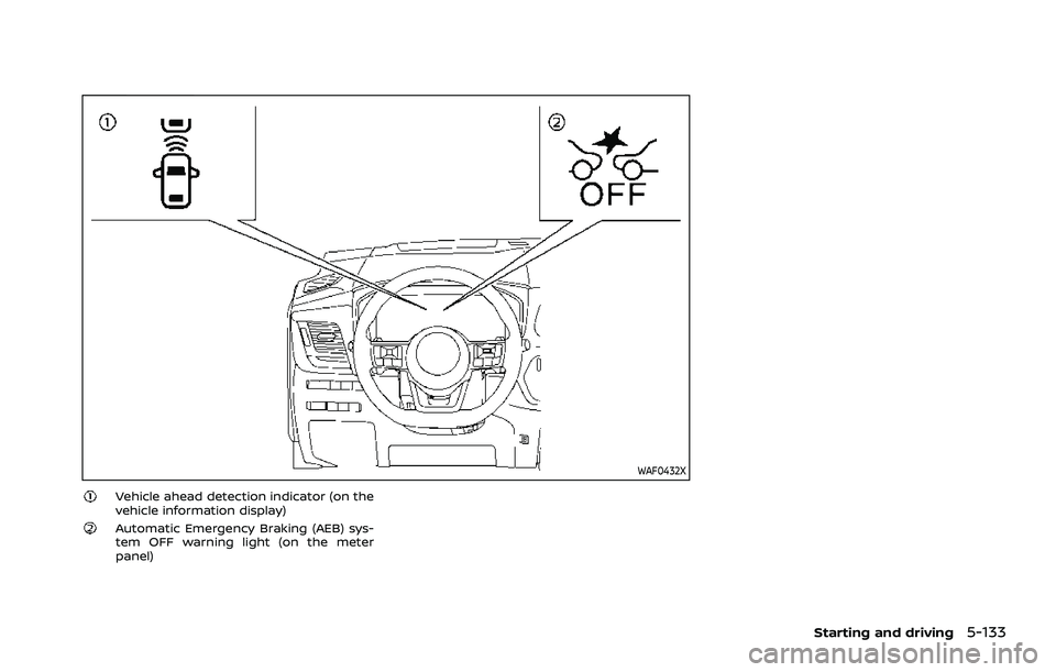 NISSAN ROGUE 2021  Owner´s Manual WAF0432X
Vehicle ahead detection indicator (on the
vehicle information display)
Automatic Emergency Braking (AEB) sys-
tem OFF warning light (on the meter
panel)
Starting and driving5-133 