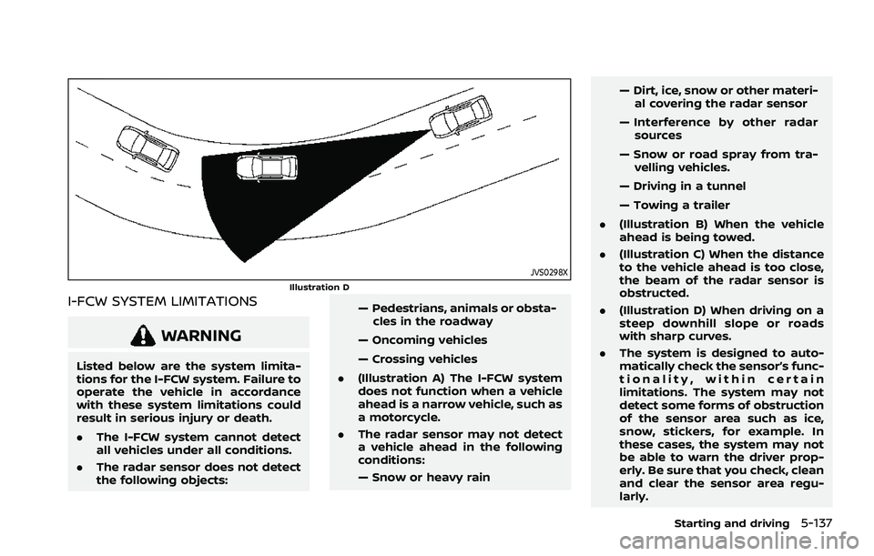 NISSAN ROGUE 2021 Owner´s Manual JVS0298XIllustration D
I-FCW SYSTEM LIMITATIONS
WARNING
Listed below are the system limita-
tions for the I-FCW system. Failure to
operate the vehicle in accordance
with these system limitations could NISSAN ROGUE 2021 Owner´s Manual JVS0298XIllustration D
I-FCW SYSTEM LIMITATIONS
WARNING
Listed below are the system limita-
tions for the I-FCW system. Failure to
operate the vehicle in accordance
with these system limitations could