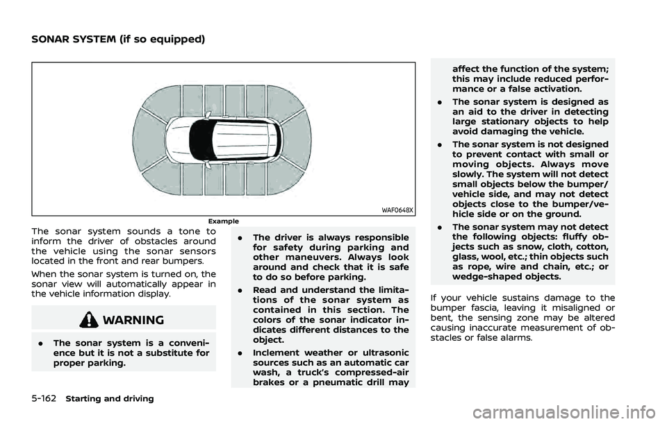 NISSAN ROGUE 2021 Owner´s Manual 5-162Starting and driving
WAF0648XExampleThe sonar system sounds a tone to
inform the driver of obstacles around
the vehicle using the sonar sensors
located in the front and rear bumpers.
When the son NISSAN ROGUE 2021 Owner´s Manual 5-162Starting and driving
WAF0648XExampleThe sonar system sounds a tone to
inform the driver of obstacles around
the vehicle using the sonar sensors
located in the front and rear bumpers.
When the son
