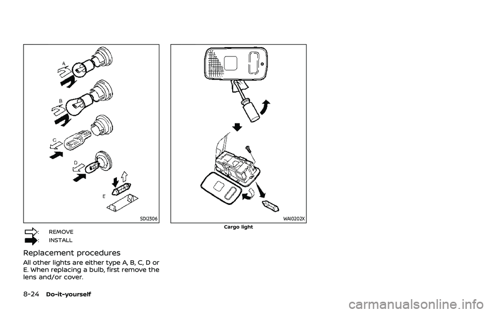 NISSAN ROGUE 2021 Owner´s Manual 8-24Do-it-yourself
SDI2306
: REMOVE
: INSTALL
Replacement procedures
All other lights are either type A, B, C, D or
E. When replacing a bulb, first remove the
lens and/or cover.
WAI0202XCargo light NISSAN ROGUE 2021 Owner´s Manual 8-24Do-it-yourself
SDI2306
: REMOVE
: INSTALL
Replacement procedures
All other lights are either type A, B, C, D or
E. When replacing a bulb, first remove the
lens and/or cover.
WAI0202XCargo light