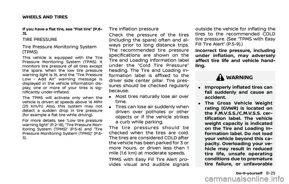 NISSAN ROGUE 2021 Owner´s Manual If you have a flat tire, see “Flat tire” (P.6-
3).
TIRE PRESSURE
Tire Pressure Monitoring System
(TPMS)
This vehicle is equipped with the Tire
Pressure Monitoring System (TPMS). It
monitors tire p NISSAN ROGUE 2021 Owner´s Manual If you have a flat tire, see “Flat tire” (P.6-
3).
TIRE PRESSURE
Tire Pressure Monitoring System
(TPMS)
This vehicle is equipped with the Tire
Pressure Monitoring System (TPMS). It
monitors tire p