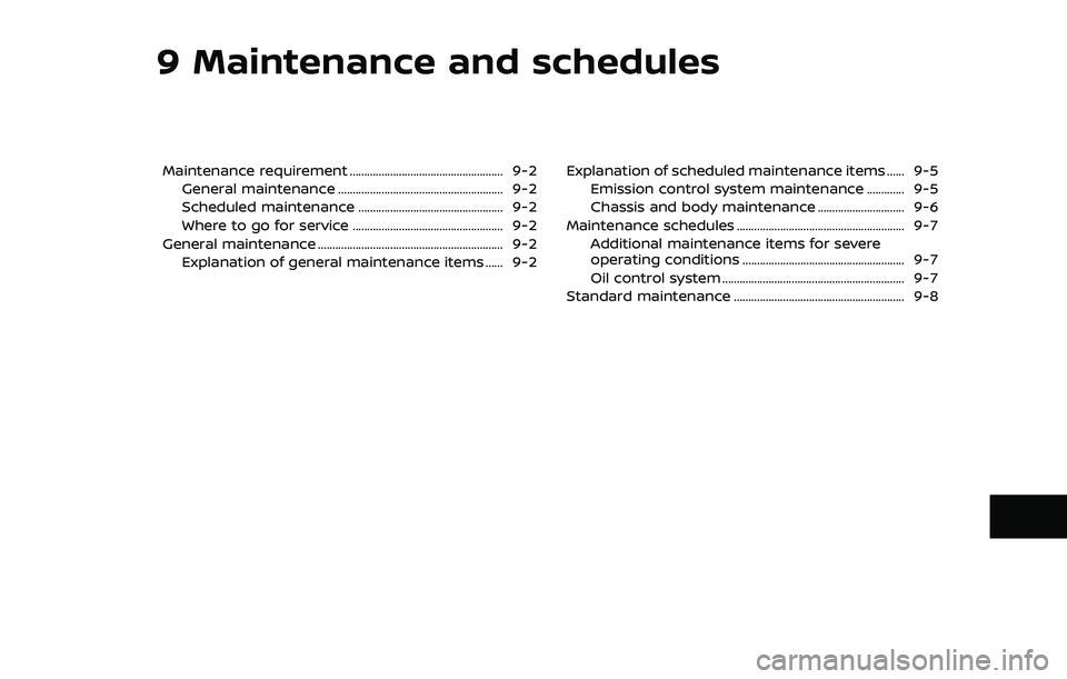NISSAN ROGUE 2021 Owner´s Manual 9 Maintenance and schedules
Maintenance requirement ..................................................... 9-2General maintenance ......................................................... 9-2
Scheduled NISSAN ROGUE 2021 Owner´s Manual 9 Maintenance and schedules
Maintenance requirement ..................................................... 9-2General maintenance ......................................................... 9-2
Scheduled