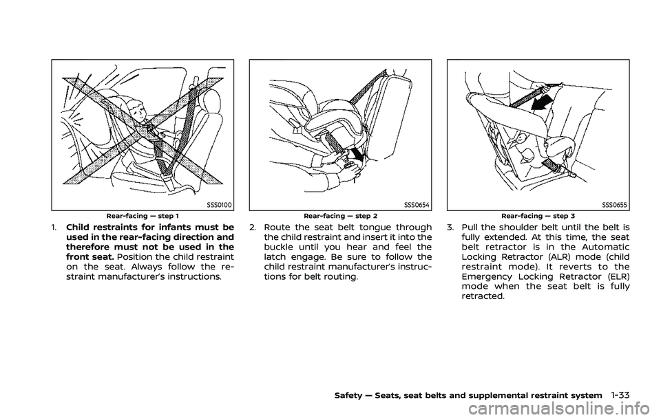 NISSAN ROGUE 2021 Owner´s Manual SSS0100Rear-facing — step 1
1.Child restraints for infants must be
used in the rear-facing direction and
therefore must not be used in the
front seat. Position the child restraint
on the seat. Alway NISSAN ROGUE 2021 Owner´s Manual SSS0100Rear-facing — step 1
1.Child restraints for infants must be
used in the rear-facing direction and
therefore must not be used in the
front seat. Position the child restraint
on the seat. Alway