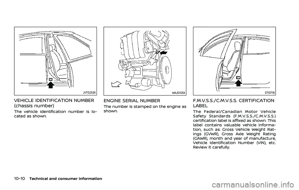 NISSAN ROGUE 2021  Owner´s Manual 10-10Technical and consumer information
JVT0253X
VEHICLE IDENTIFICATION NUMBER
(chassis number)
The vehicle identification number is lo-
cated as shown.
WAJ0103X
ENGINE SERIAL NUMBER
The number is sta