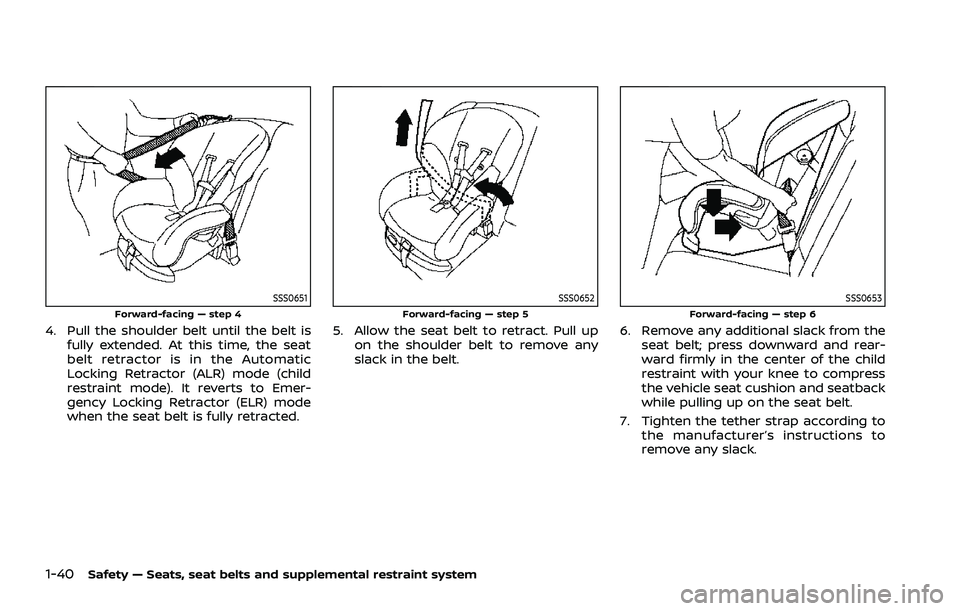 NISSAN ROGUE 2021 Owner´s Manual 1-40Safety — Seats, seat belts and supplemental restraint system
SSS0651Forward-facing — step 4
4. Pull the shoulder belt until the belt isfully extended. At this time, the seat
belt retractor is NISSAN ROGUE 2021 Owner´s Manual 1-40Safety — Seats, seat belts and supplemental restraint system
SSS0651Forward-facing — step 4
4. Pull the shoulder belt until the belt isfully extended. At this time, the seat
belt retractor is