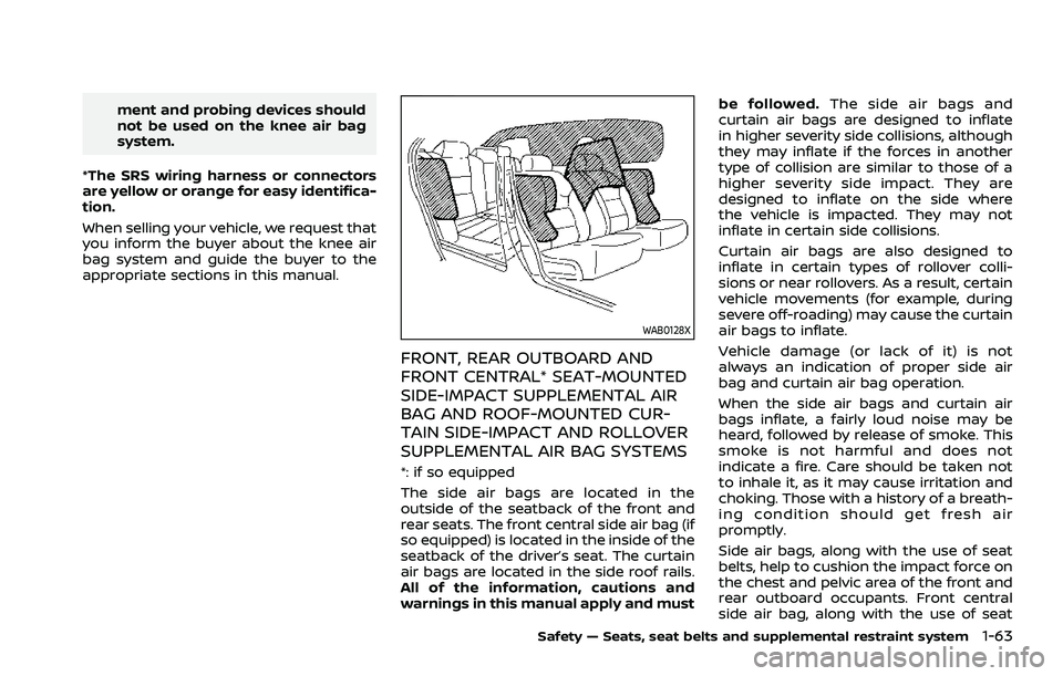 NISSAN ROGUE 2021 Owner´s Manual ment and probing devices should
not be used on the knee air bag
system.
*The SRS wiring harness or connectors
are yellow or orange for easy identifica-
tion.
When selling your vehicle, we request that NISSAN ROGUE 2021 Owner´s Manual ment and probing devices should
not be used on the knee air bag
system.
*The SRS wiring harness or connectors
are yellow or orange for easy identifica-
tion.
When selling your vehicle, we request that
