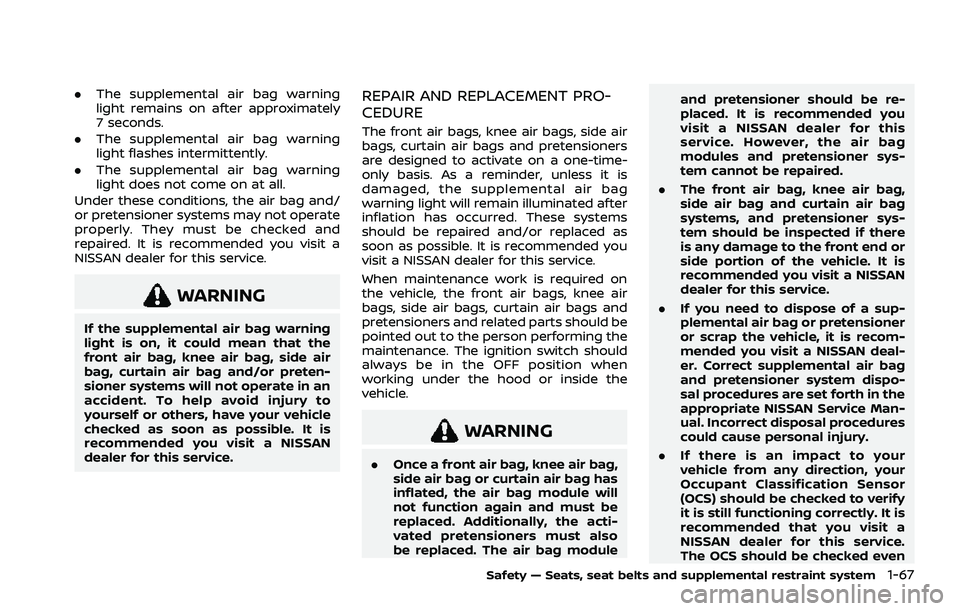 NISSAN ROGUE 2021 Owner´s Manual .The supplemental air bag warning
light remains on after approximately
7 seconds.
. The supplemental air bag warning
light flashes intermittently.
. The supplemental air bag warning
light does not com NISSAN ROGUE 2021 Owner´s Manual .The supplemental air bag warning
light remains on after approximately
7 seconds.
. The supplemental air bag warning
light flashes intermittently.
. The supplemental air bag warning
light does not com