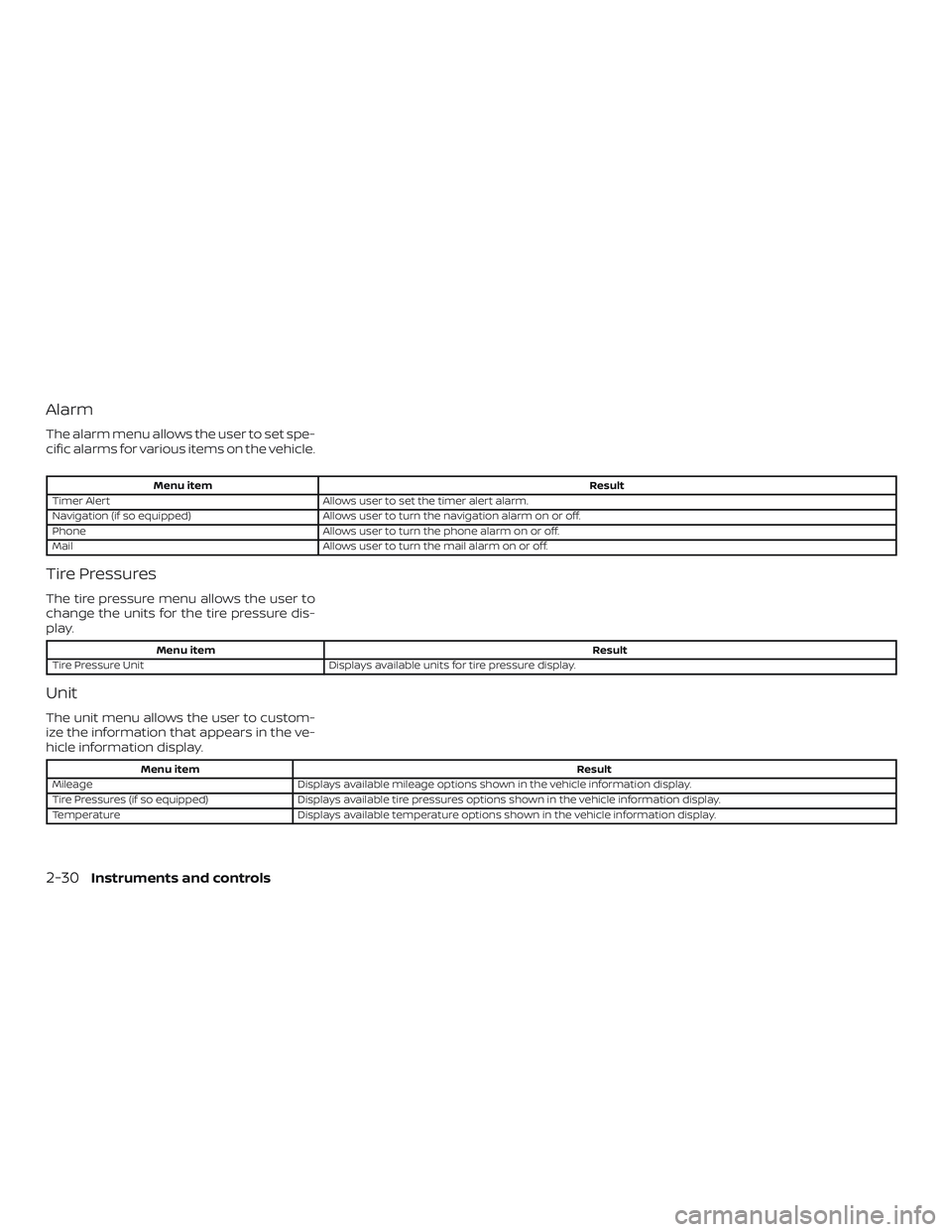 NISSAN ROGUE 2020  Owner´s Manual Alarm
The alarm menu allows the user to set spe-
cific alarms for various items on the vehicle.
Menu itemResult
Timer Alert Allows user to set the timer alert alarm.
Navigation (if so equipped) Allows