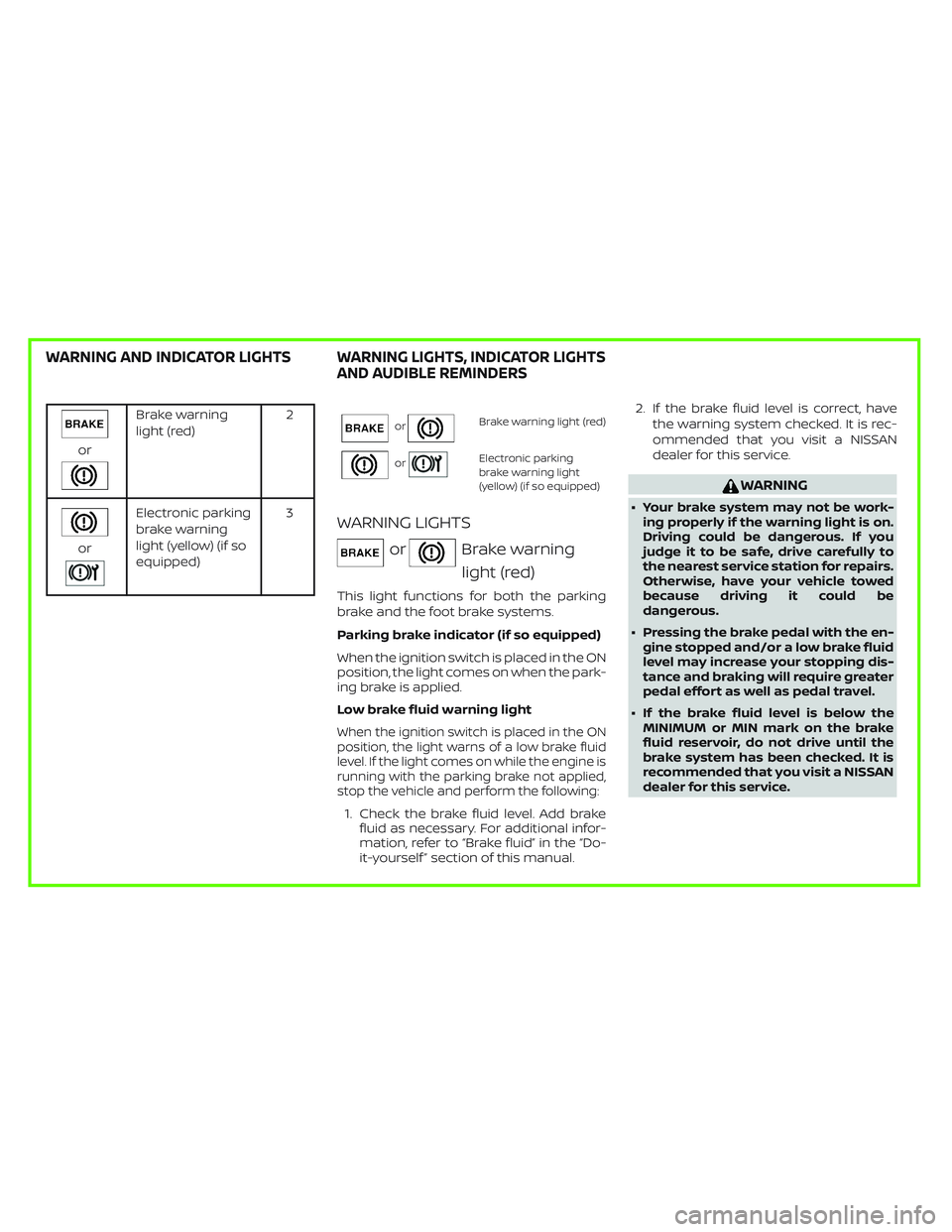 NISSAN ROGUE 2020  Owner´s Manual or
Brake warning
light (red)2
or
Electronic parking
brake warning
light (yellow) (if so
equipped)3
orBrake warning light (red)
orElectronic parking
brake warning light
(yellow) (if so equipped)
WARNIN