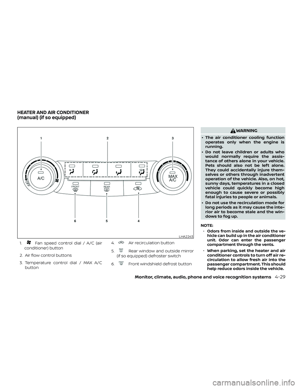 NISSAN ROGUE 2020  Owner´s Manual 1.Fan speed control dial / A/C (air
conditioner) button
2. Air flow control buttons
3. Temperature control dial / MAX A/C button 4.Air recirculation button
5.
Rear window and outside mirror
(if so equ