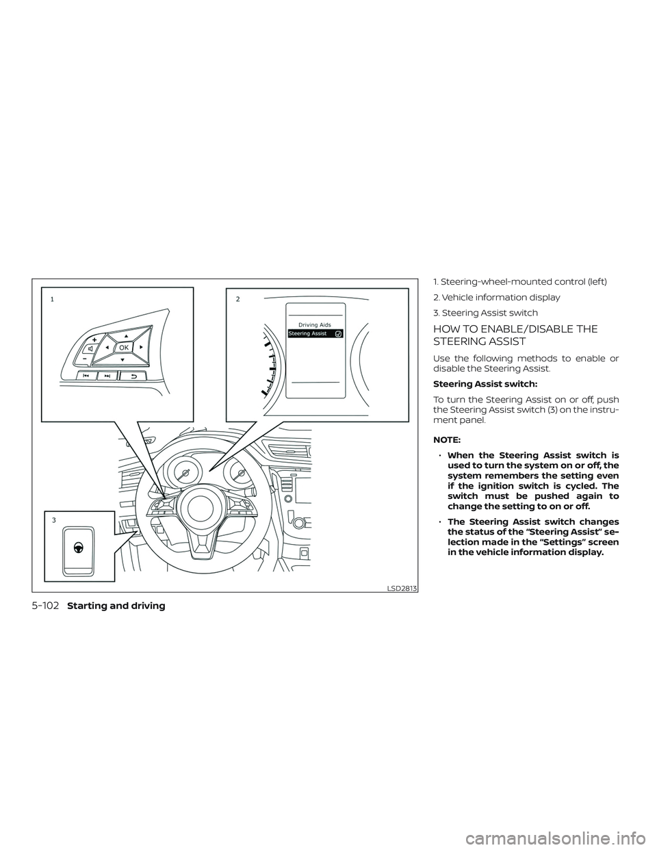 NISSAN ROGUE 2019  Owner´s Manual 1. Steering-wheel-mounted control (lef t)
2. Vehicle information display
3. Steering Assist switch
HOW TO ENABLE/DISABLE THE
STEERING ASSIST
Use the following methods to enable or
disable the Steering