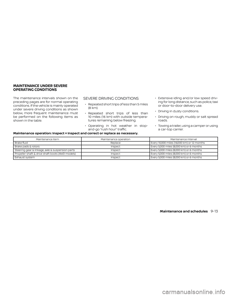 NISSAN ROGUE 2019 Owner´s Manual The maintenance intervals shown on the
preceding pages are for normal operating
conditions. If the vehicle is mainly operated
under severe driving conditions as shown
below, more frequent maintenance NISSAN ROGUE 2019 Owner´s Manual The maintenance intervals shown on the
preceding pages are for normal operating
conditions. If the vehicle is mainly operated
under severe driving conditions as shown
below, more frequent maintenance