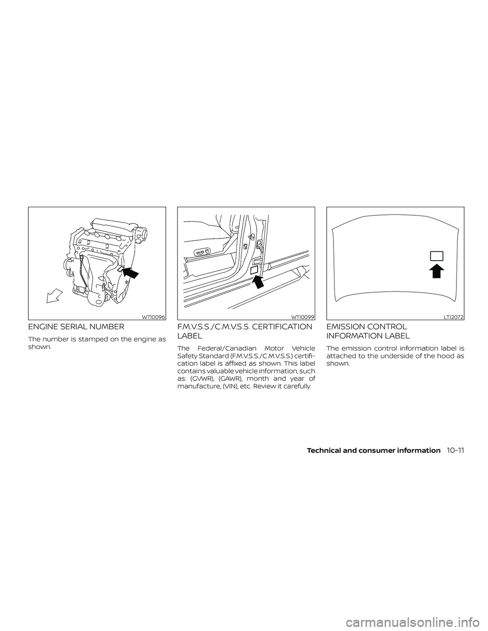 NISSAN ROGUE 2019 Owner´s Manual ENGINE SERIAL NUMBER
The number is stamped on the engine as
shown.
F.M.V.S.S./C.M.V.S.S. CERTIFICATION
LABEL
The Federal/Canadian Motor Vehicle
Safety Standard (F.M.V.S.S./C.M.V.S.S.) certifi-
cation NISSAN ROGUE 2019 Owner´s Manual ENGINE SERIAL NUMBER
The number is stamped on the engine as
shown.
F.M.V.S.S./C.M.V.S.S. CERTIFICATION
LABEL
The Federal/Canadian Motor Vehicle
Safety Standard (F.M.V.S.S./C.M.V.S.S.) certifi-
cation